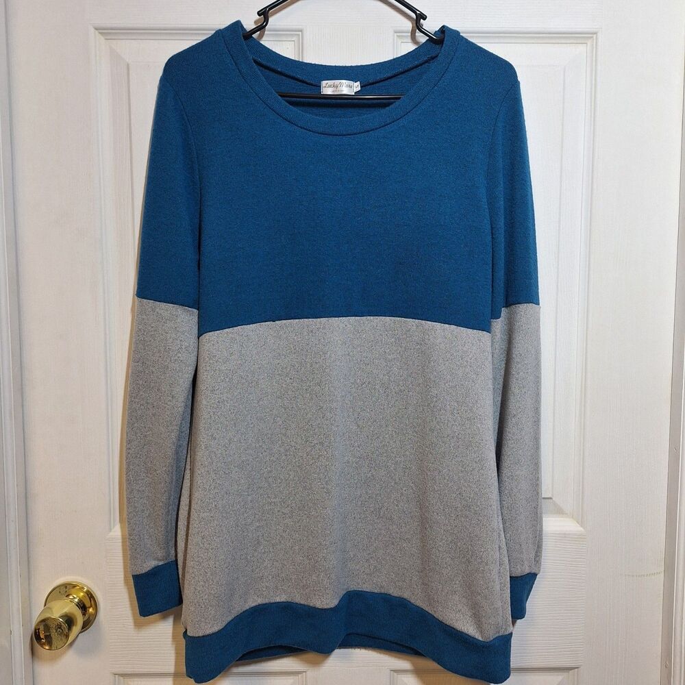 Lucky More Blue Grey Colorblock Scoop Neck Oversized Lightweight Sweater Size S